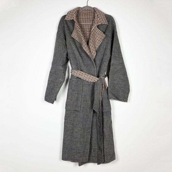 NEW Nanushka Alamo Wool Silk Blend Felt Reversible Check Belted Robe Coat Multi - Picture 1 of 4